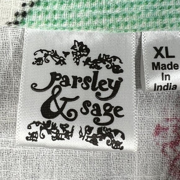 Parsley & Sage XL Bohemian Patchwork Ruffle Hi Lo Blouse Roll Tab Sleeve Artsy - Picture 14 of 16
